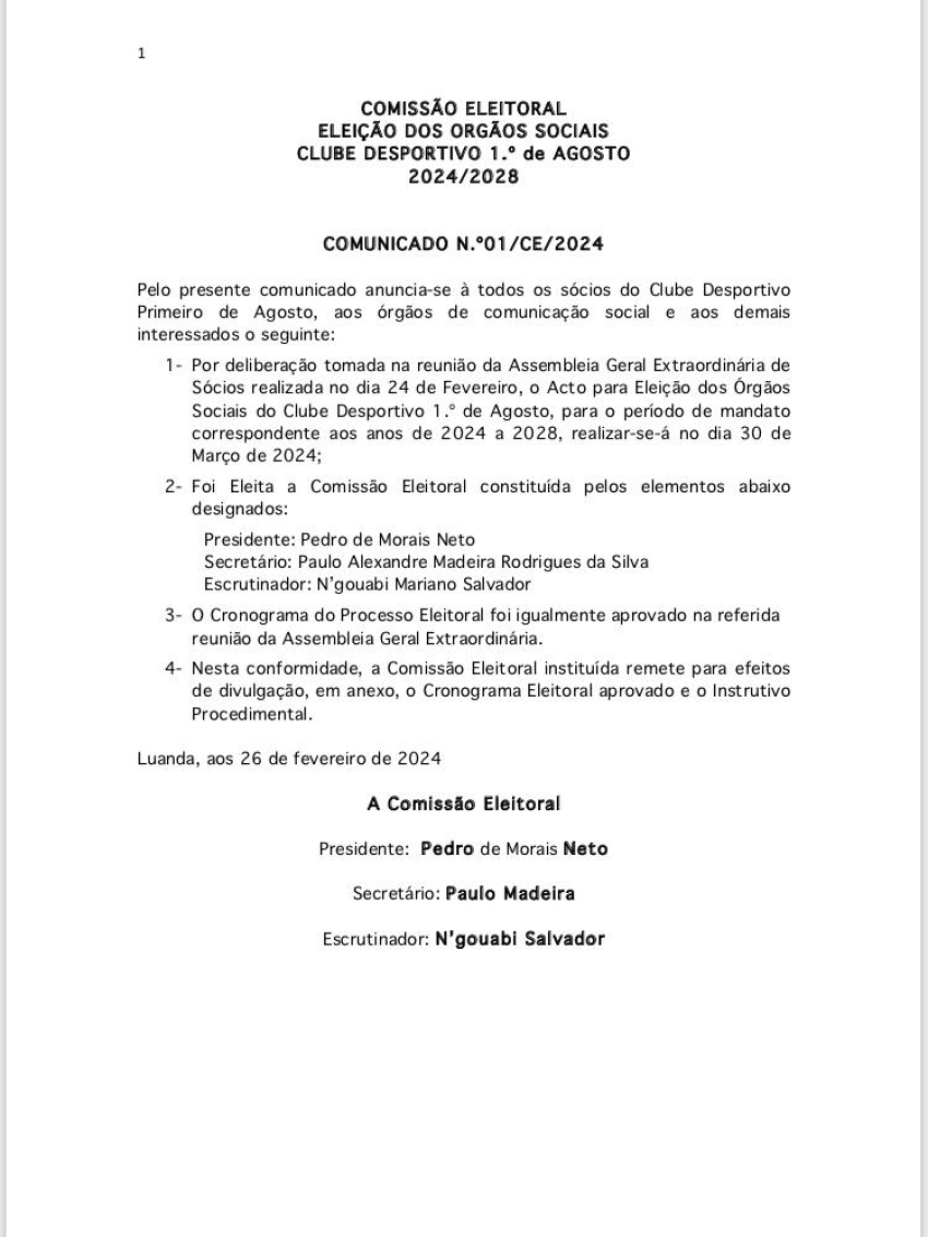 COMUNICADO  ELEIÇÃO DOS ÓRGÃOS  SOCIAIS DO CLUBE DESPORTIVO 1°DE AGOSTO PARA O PERÍODO 2024/2028